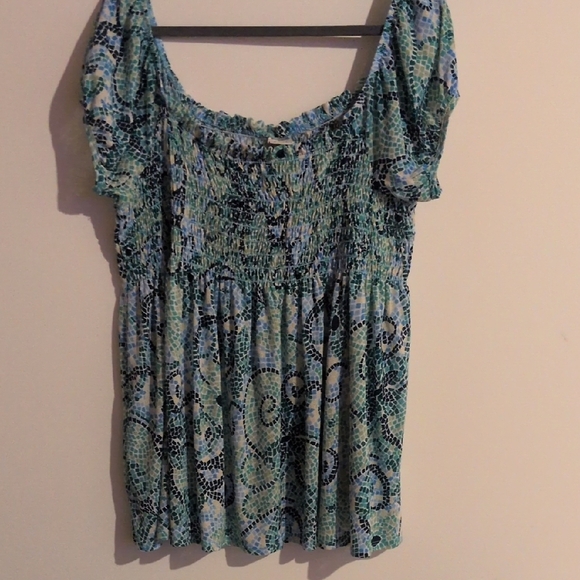 Venezia Tops - Venezia Green and Blue Smocked Cap Sleeve Blouse